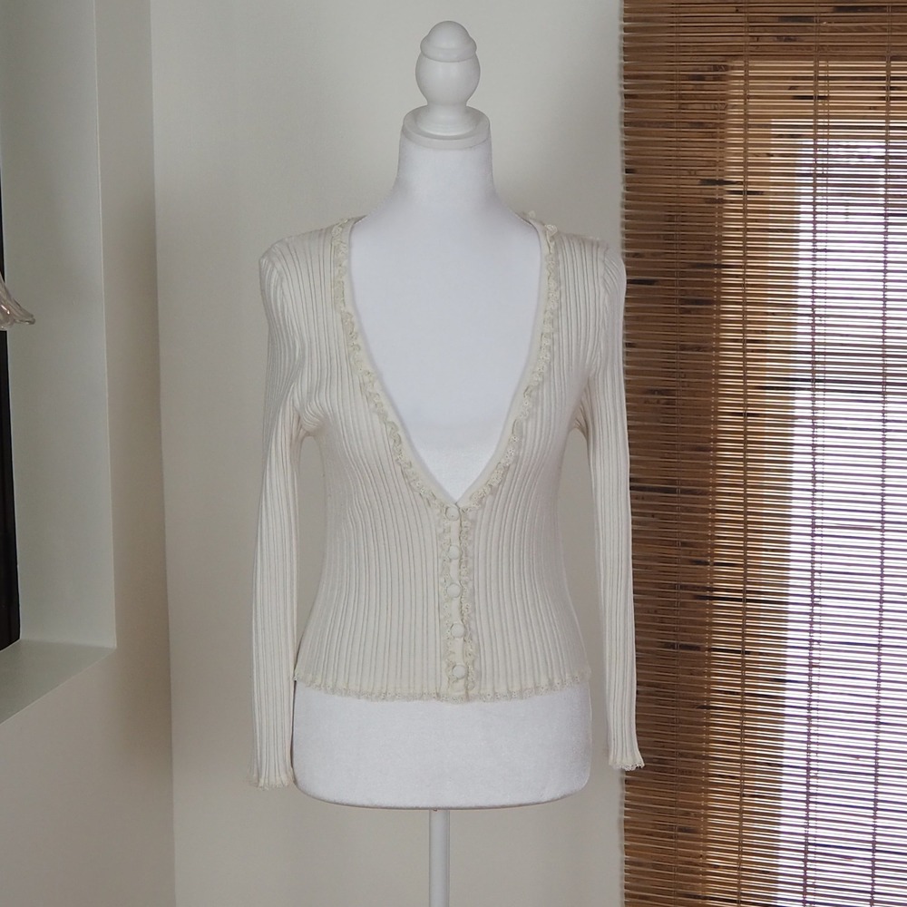 For Love & Lemons Lace Trim Cropped Ribbed‎ Cardigan Women's XL Coquette Cottage